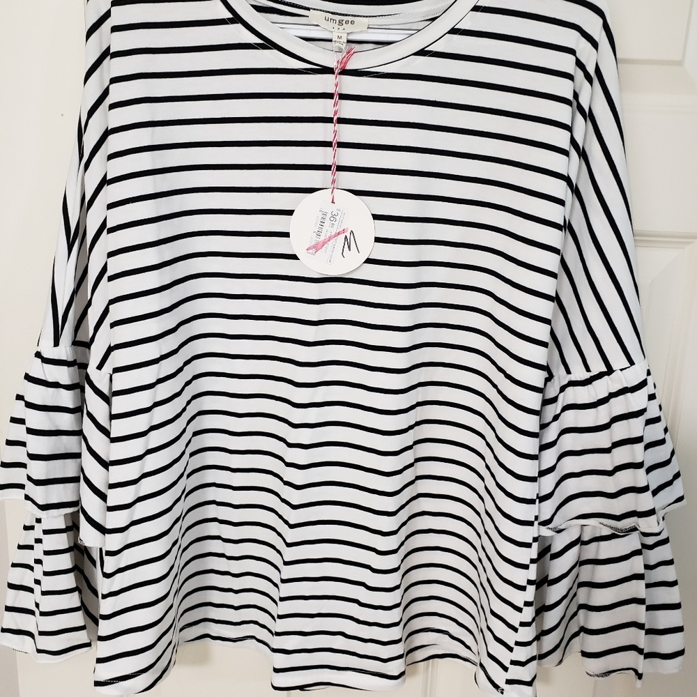 Umgee Striped Double Bell-Sleeve Tee